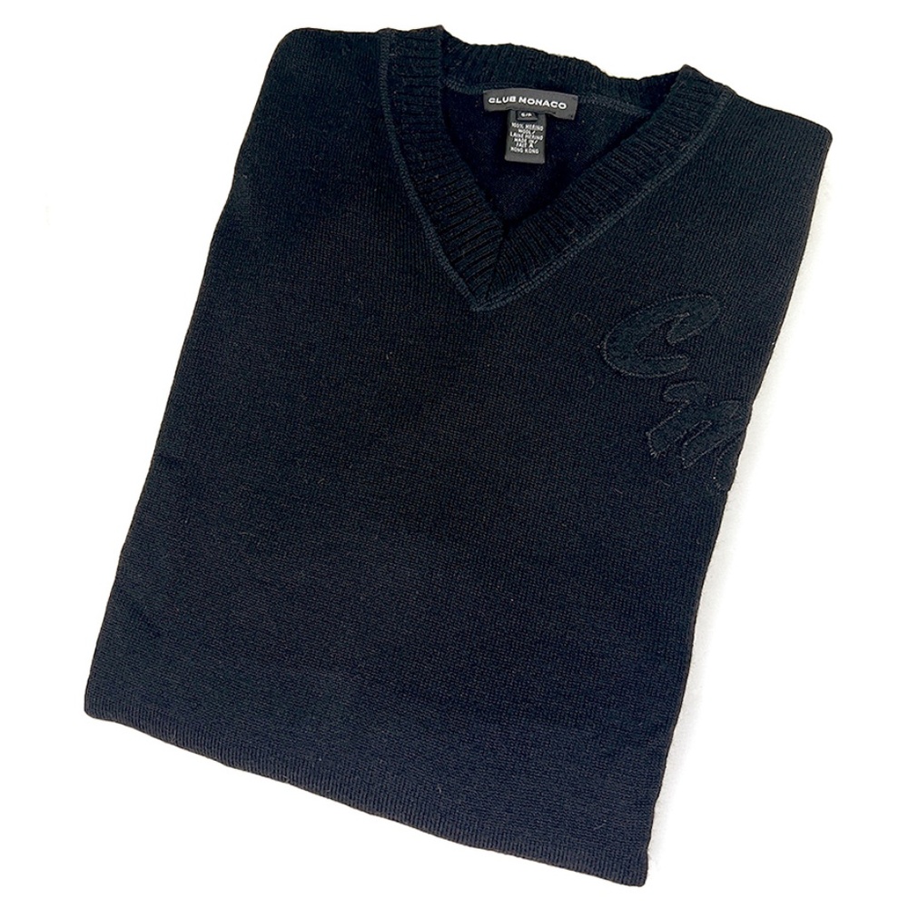 Club Monaco Black V-Neck Monogram Vintage Sweater